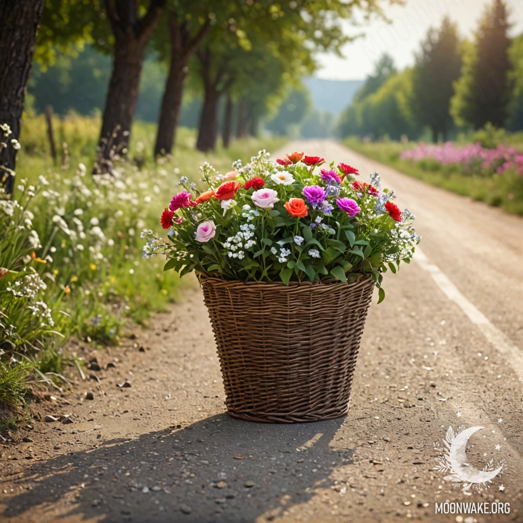 A serene dirt road adorned with a basket of flowers, softly blurred trees and fairy lights in the background.