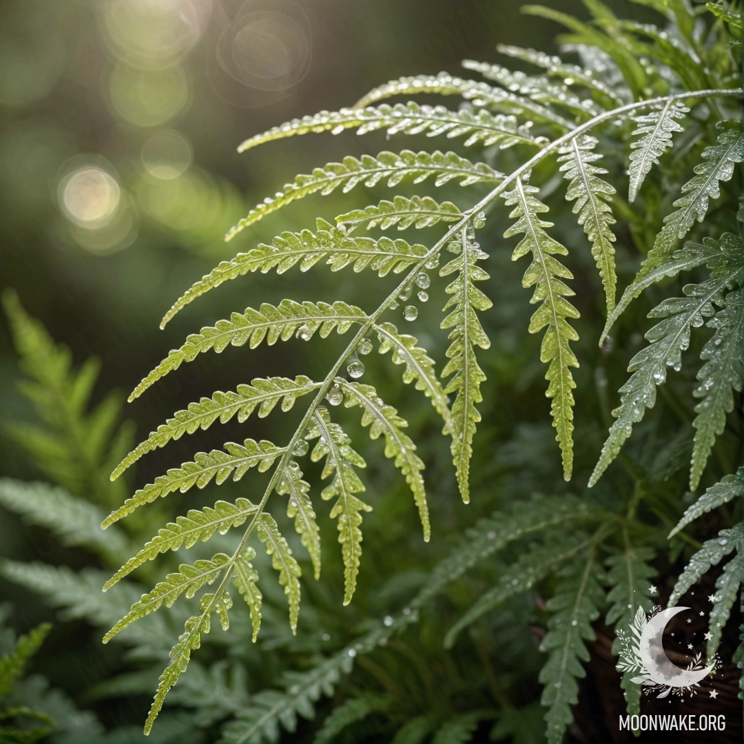 Peaceful Fern in a Basket A serene fern with dew drops, basking in sunlight inside a basket.