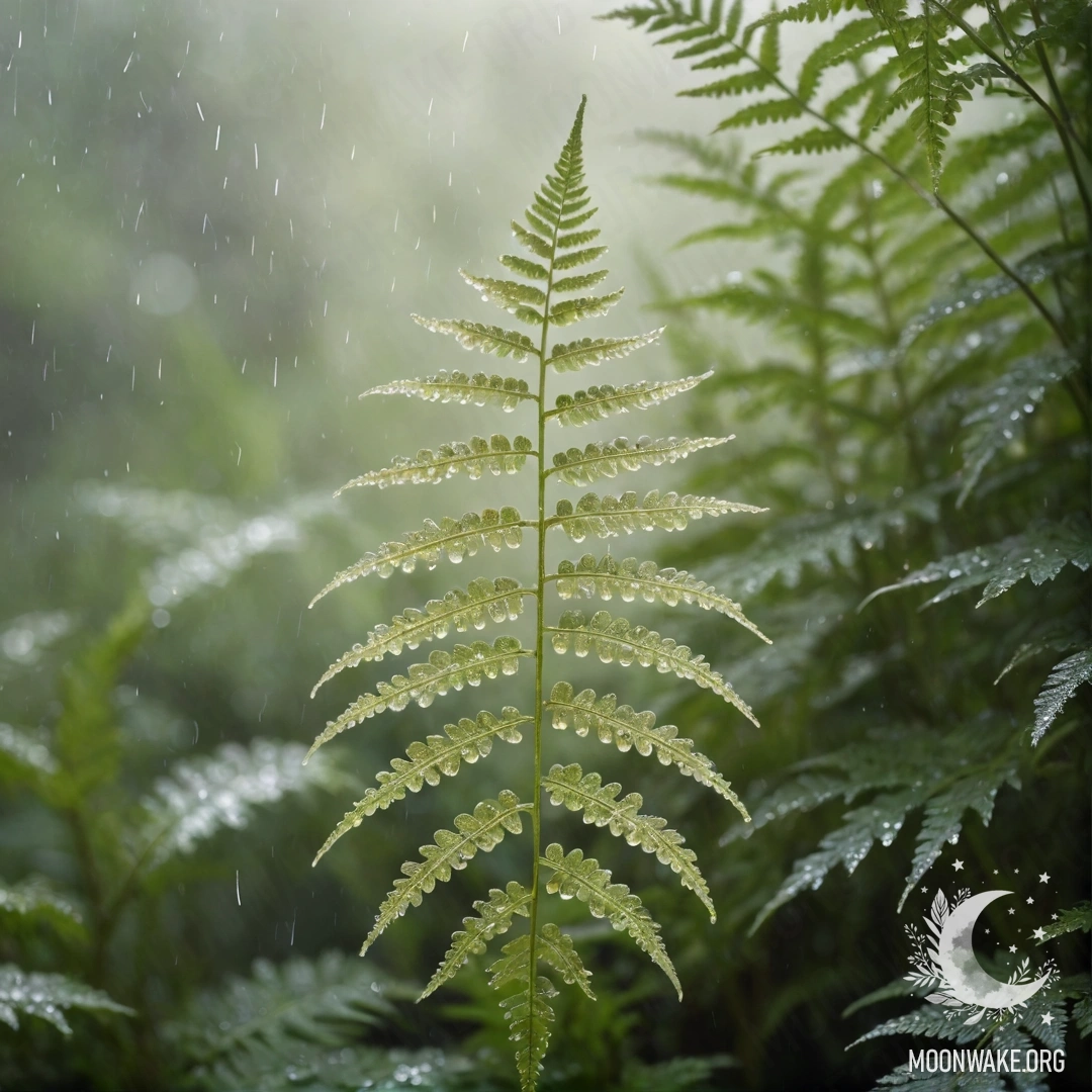 A serene fern surrounded by mist and gentle raindrops, illuminated by soft sunlight and adorned with rhinestones.