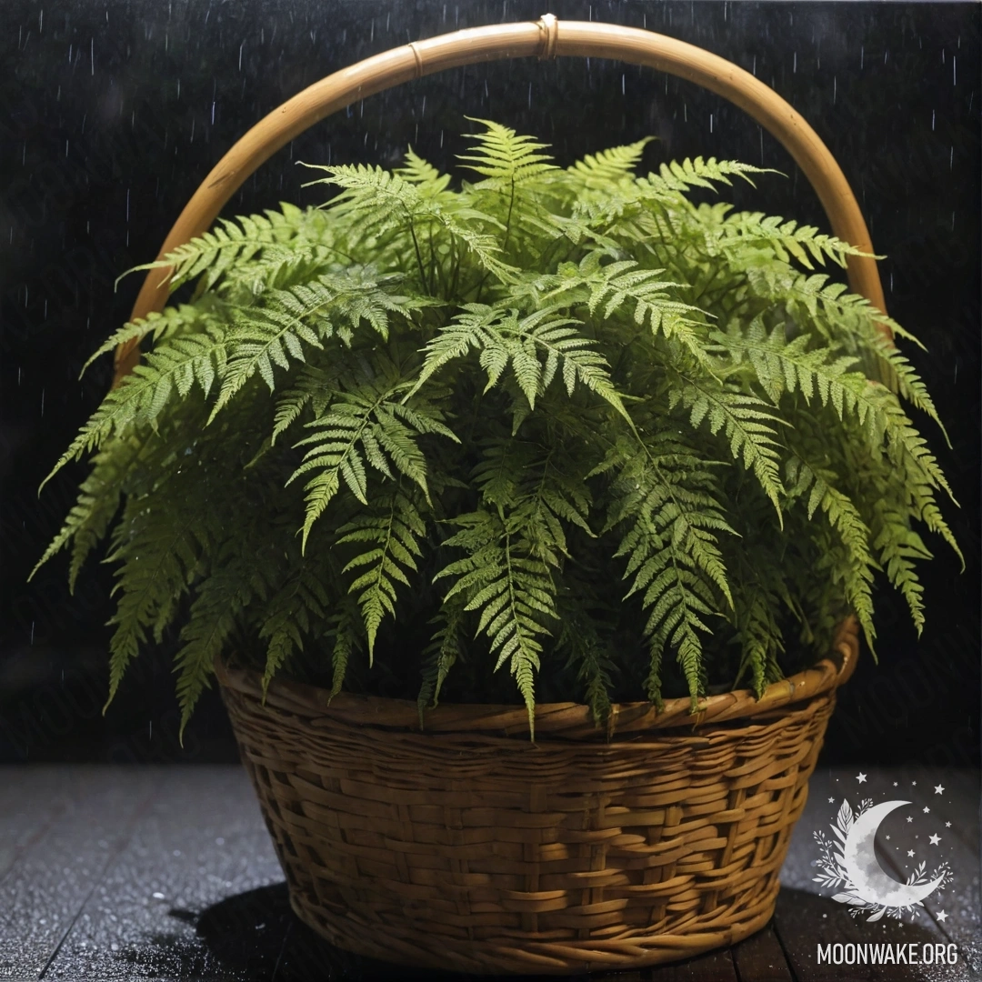 A yellow fern resting in a basket, drenched by the night rain.