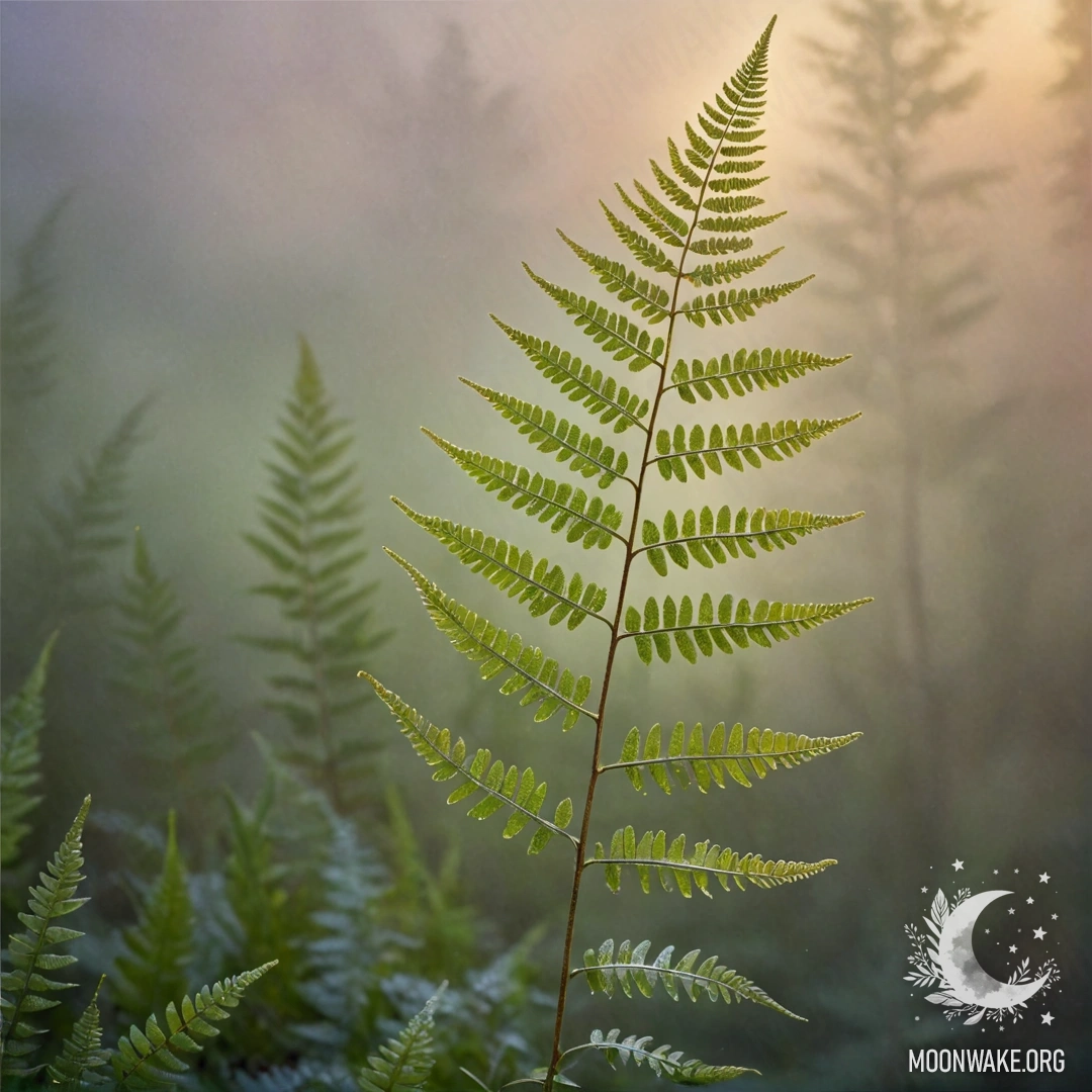 A peaceful green fern shrouded in fog during sunset with glimmering highlights.