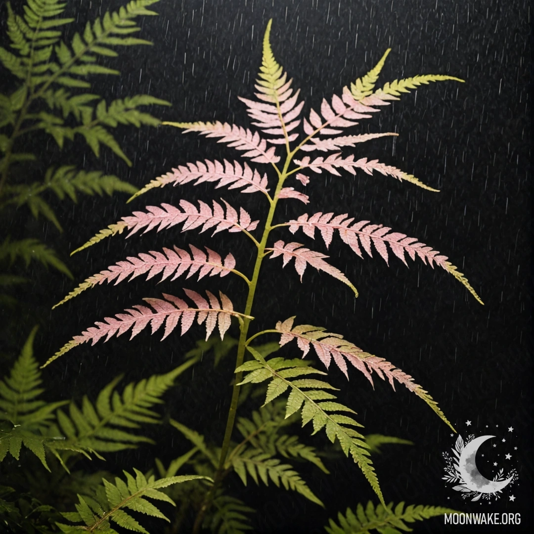 Serene Fern in Night Rain A peaceful fern surrounded by mist, illuminated by soft pink patterns in the rain at night.