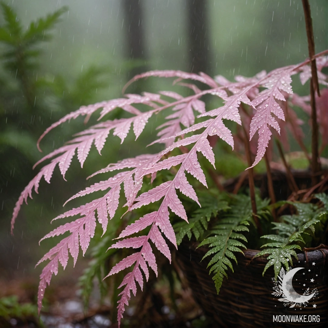 A peaceful fern nestled in a pink basket, with raindrops falling around it.