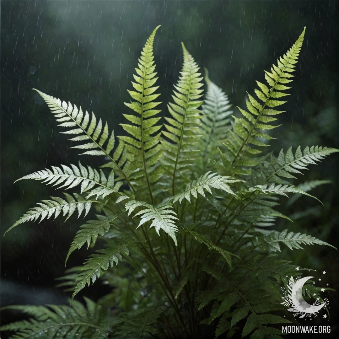 Peaceful Fern Under the Rain A delicate fern surrounded by raindrops at night, adorned with pastel colors.
