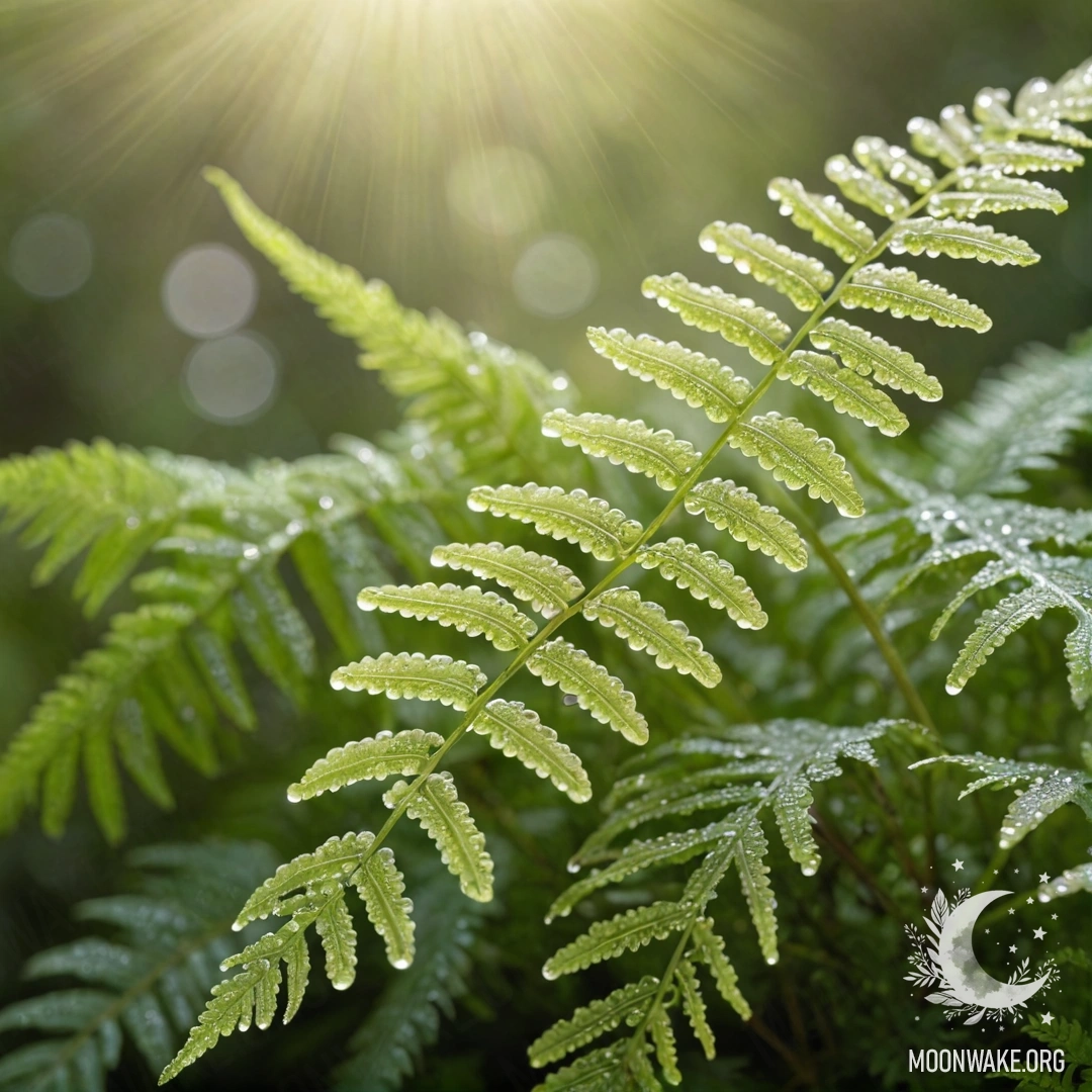 Peaceful Fern with Dew Drops and Sunny Rays A delicate fern adorned with sparkling dew drops illuminated by sunlight