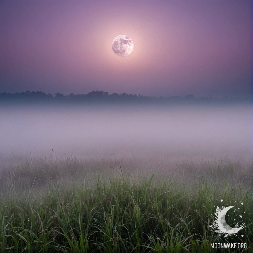 Close-up of grass in a peaceful field against a pink violet sky with a moon.