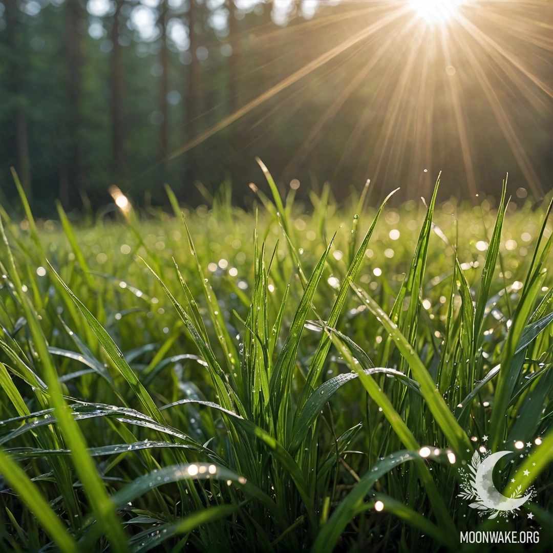 Close-up of grass in a peaceful field with blurred forest background and sun rays under rain.