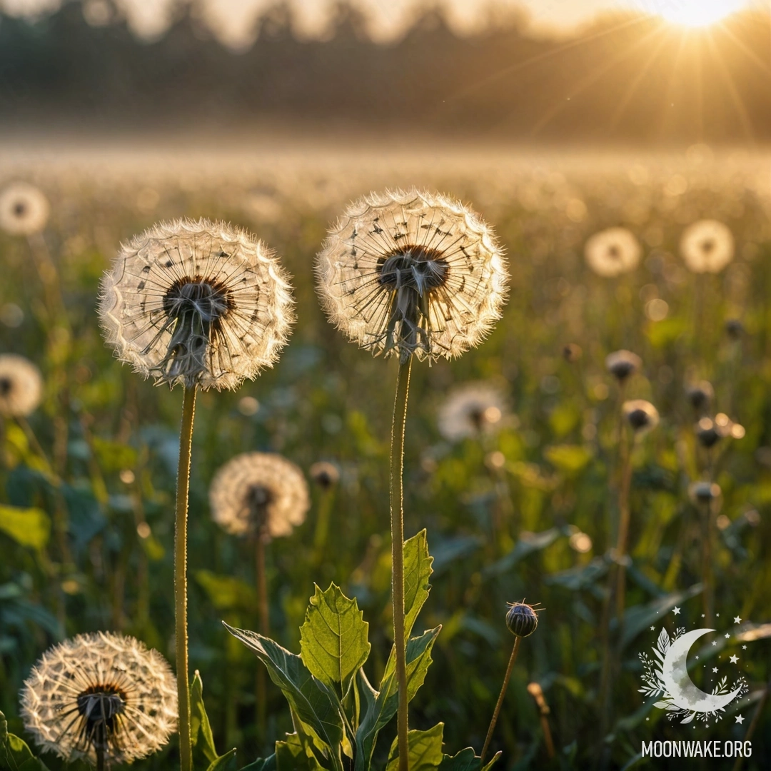 A close-up view of dandelions in a peaceful field with a bokeh effect and fog during sunset, illuminated by sun rays.
