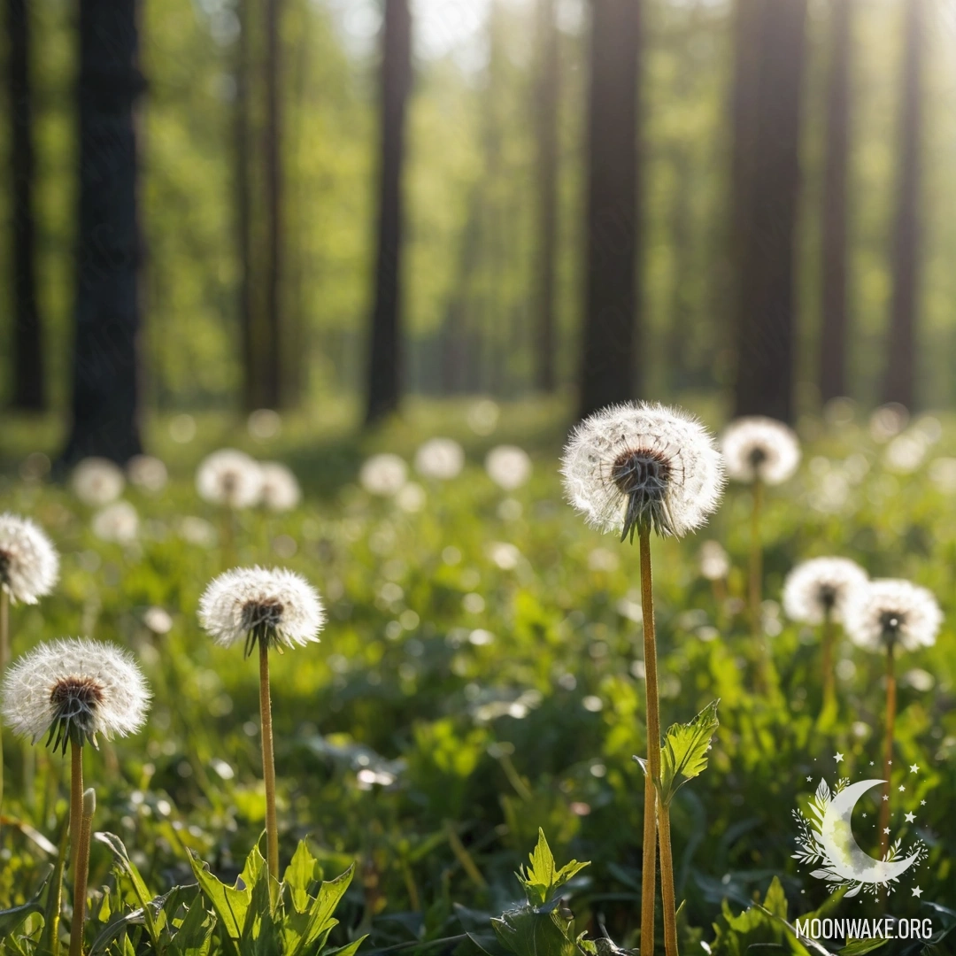 A close-up view of dandelions in a peaceful field, with a blurred forest background.