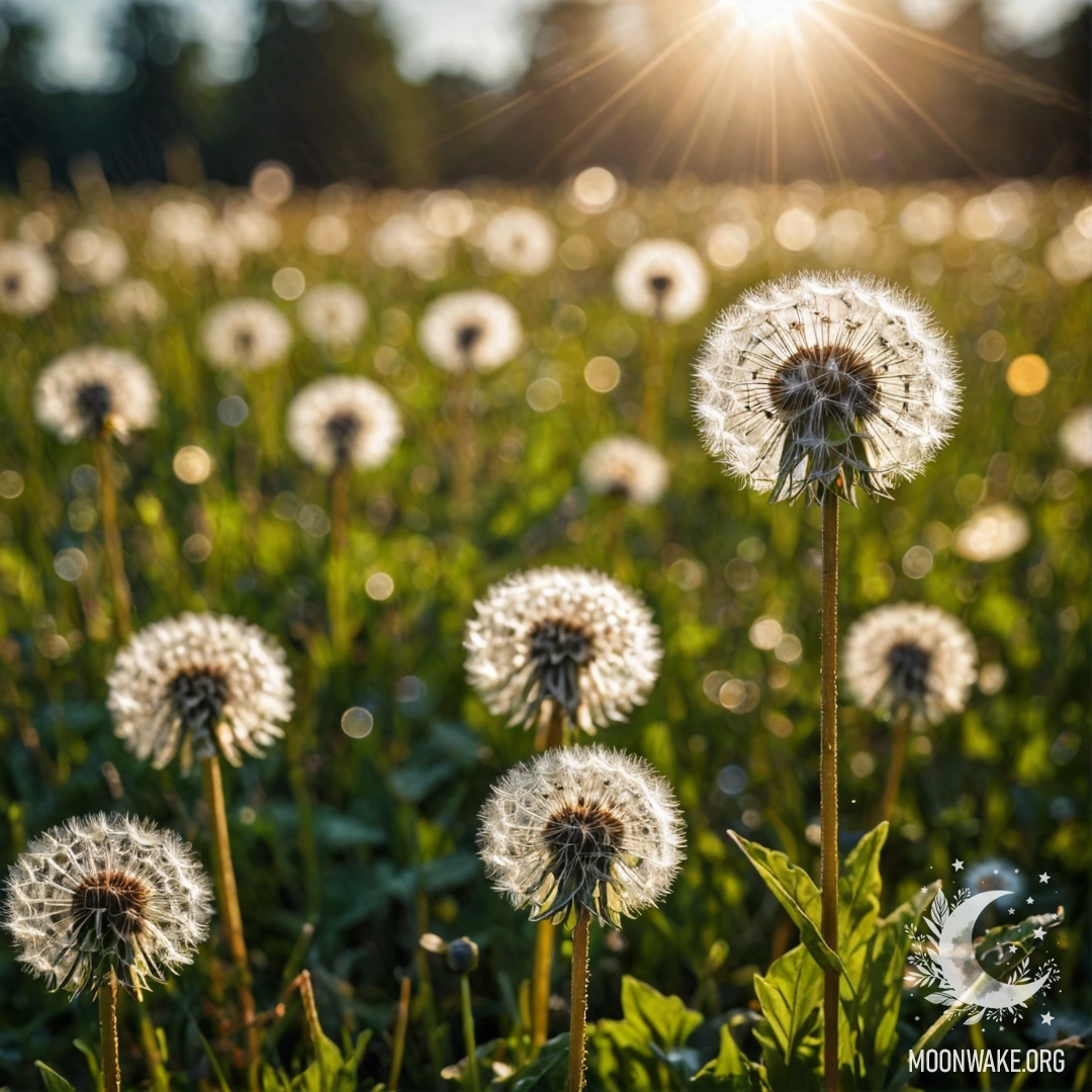 Peaceful Dandelion Close-Up in Bloom Close-up of dandelions in a peaceful field with blurred flowers and lens flares.