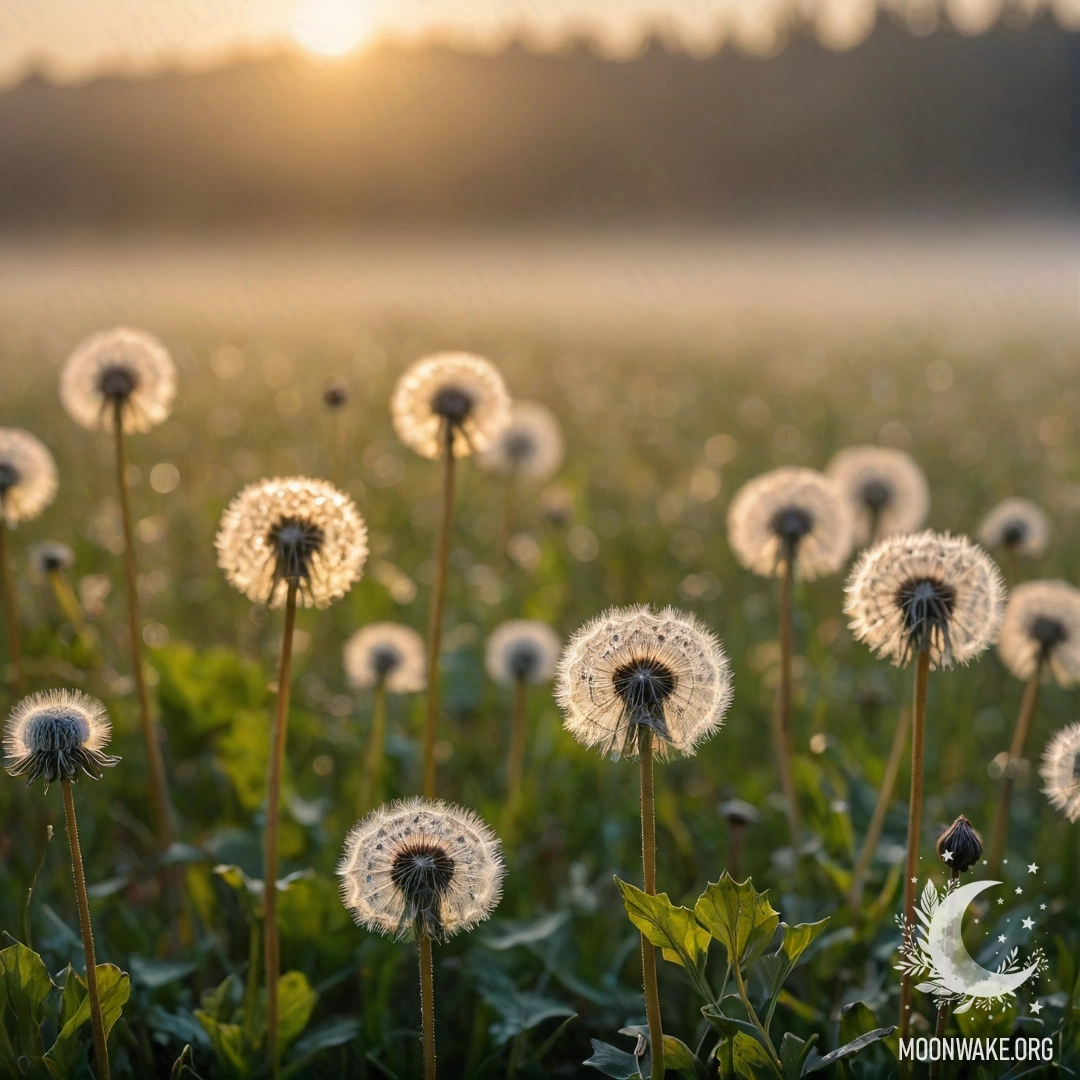 Peaceful Dandelion Field at Sunset Close-up of dandelions in a serene field with bokeh and fog at sunset.