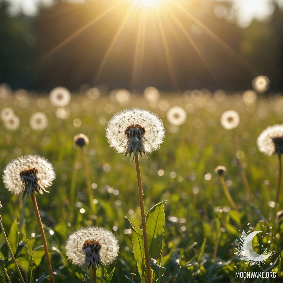 Close-up view of dandelions in a peaceful field, with blurred flowers and lens flares in the background.