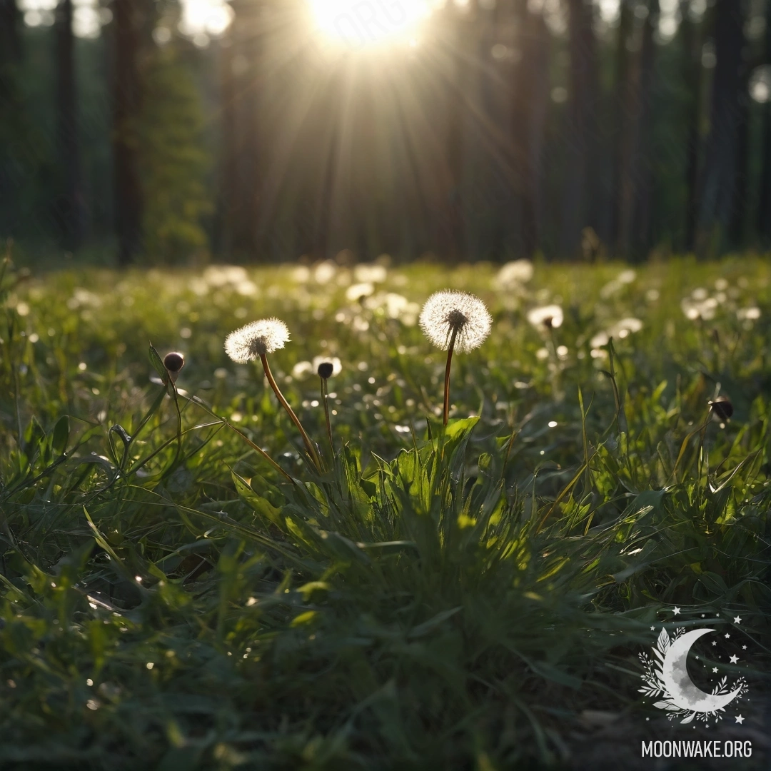 A close-up view of dandelions in a peaceful field illuminated by soft sun rays and surrounded by a bokeh forest at night.