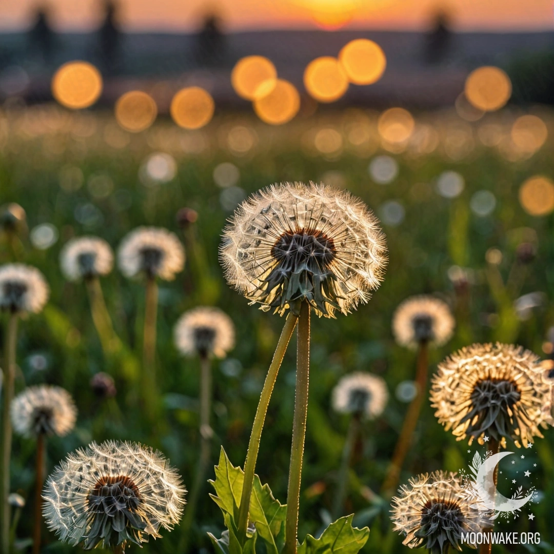 Close-up view of dandelions in a peaceful field with a bokeh sunset background.
