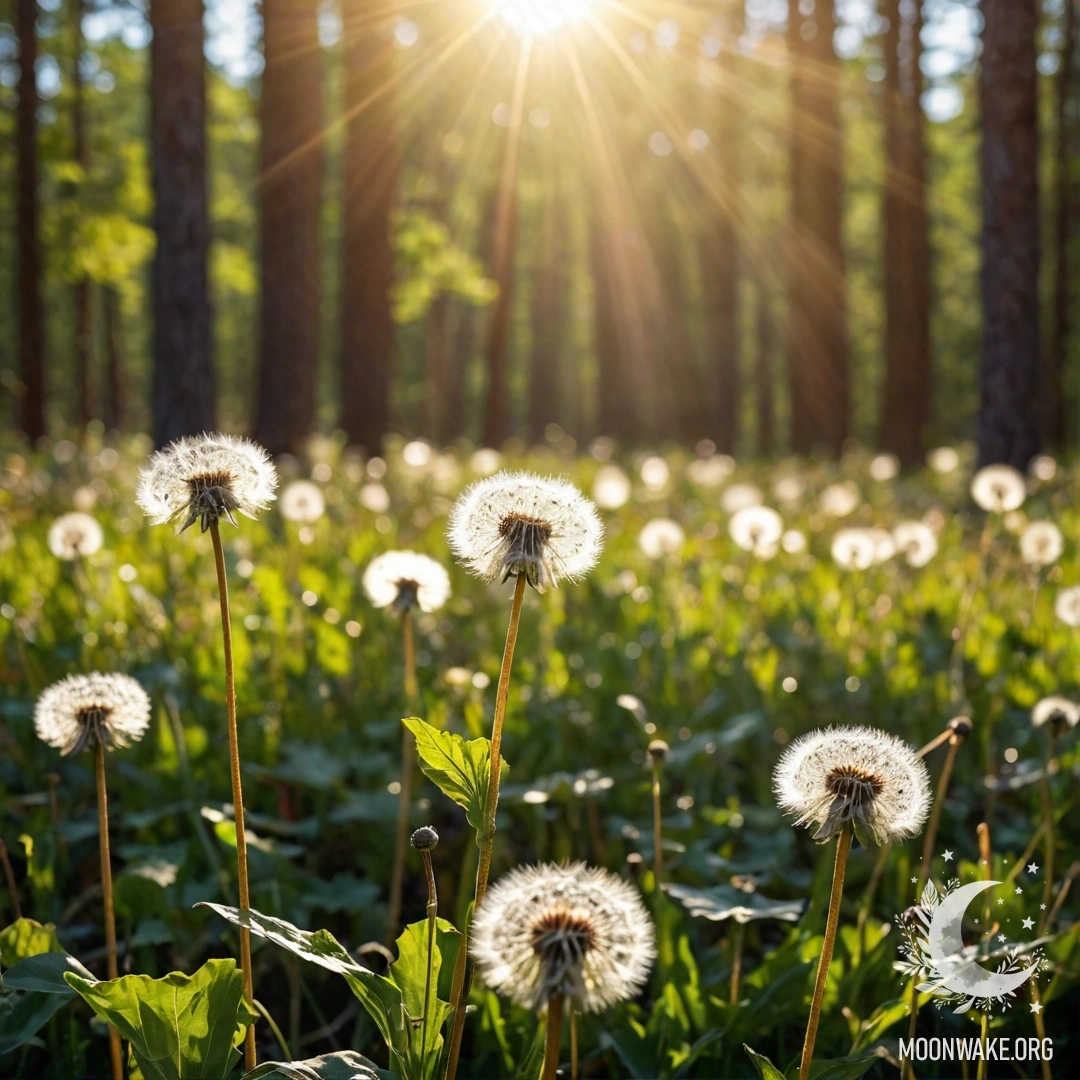 Peaceful Dandelion Field with Bokeh Forest Close-up of dandelions in a peaceful field with a blurred forest behind, illuminated by sun rays.