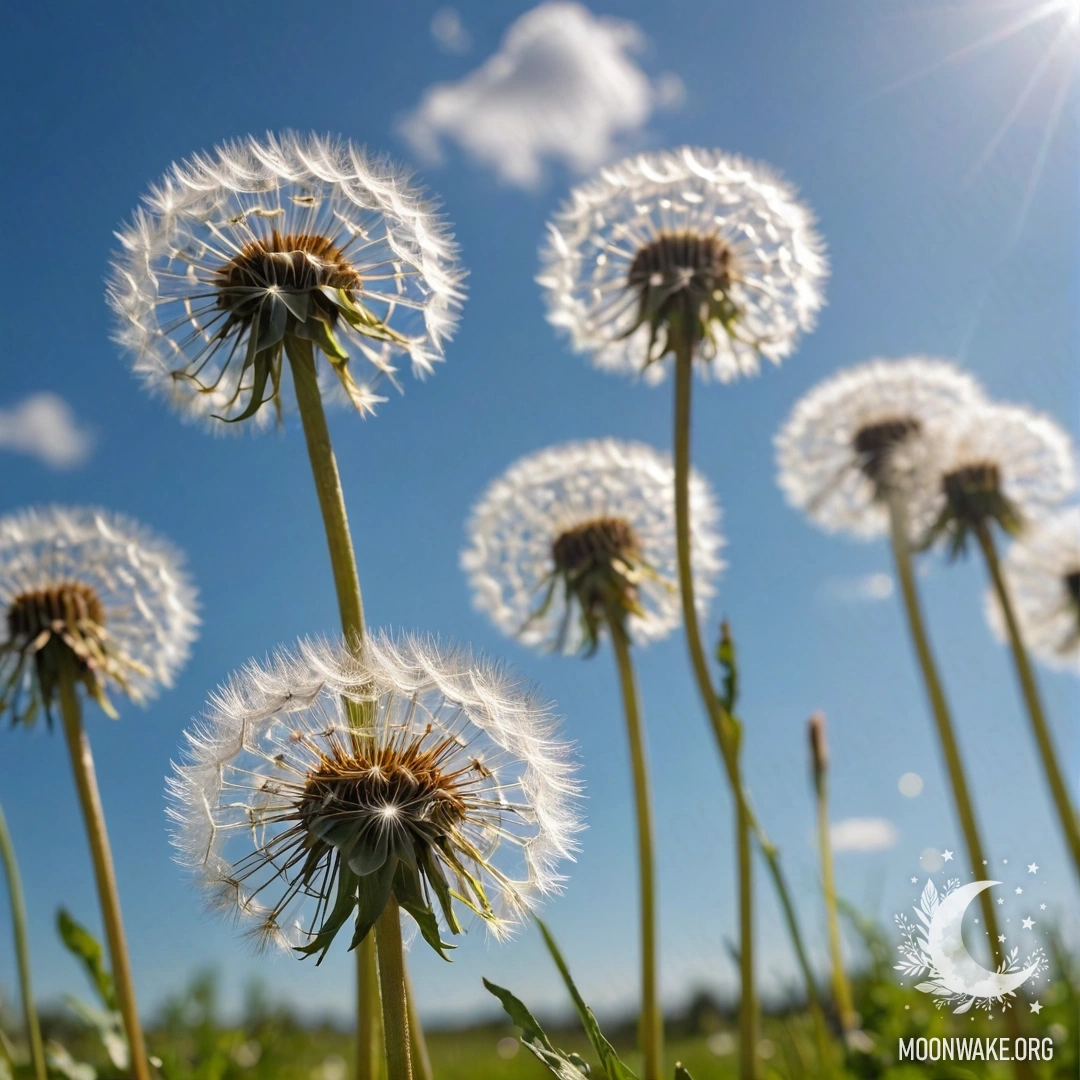 Close-up of dandelions against a bokeh sky on a sunny day.