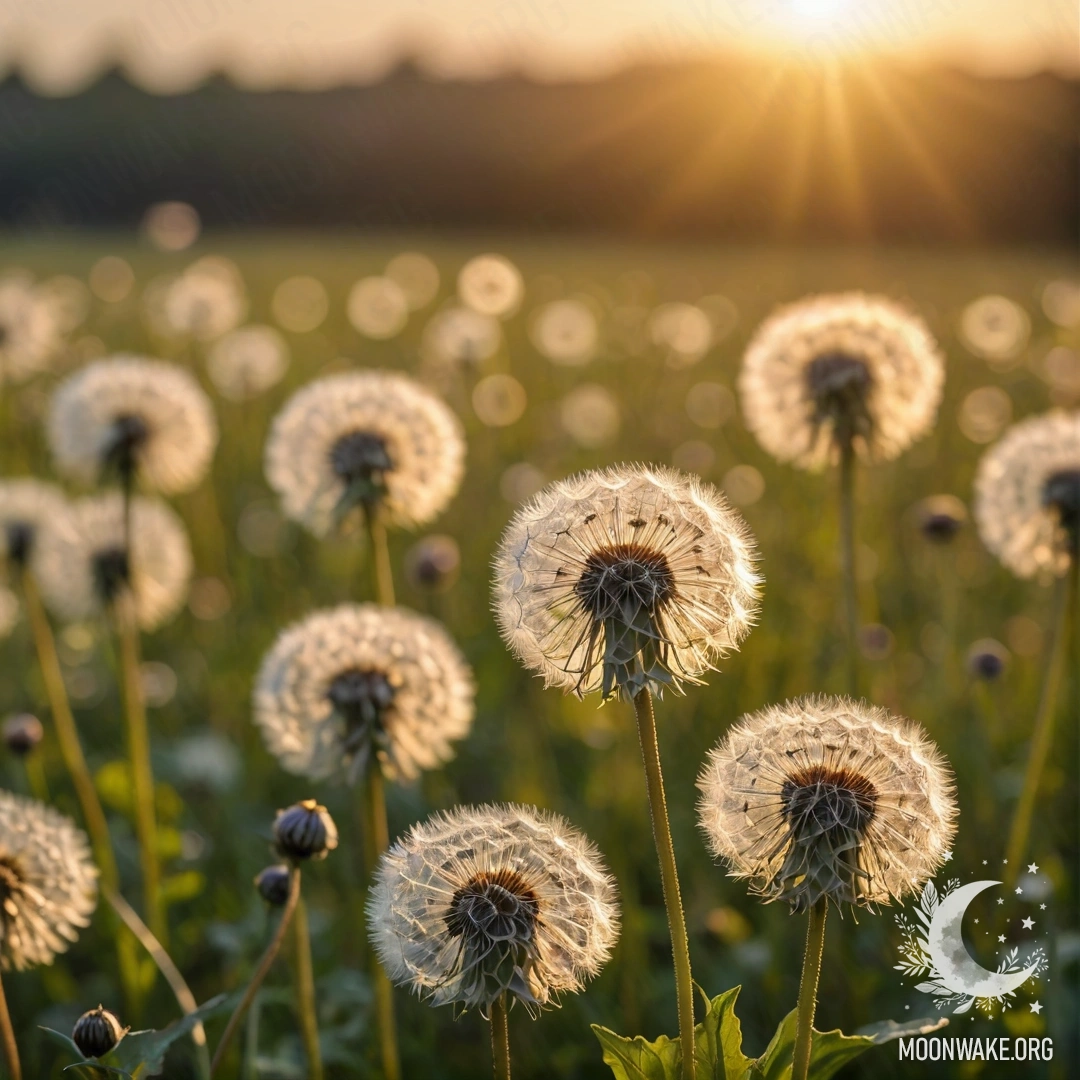 Serenity in a Dandelion Field at Sunset Close up of dandelions in a peaceful field against blurred flowers