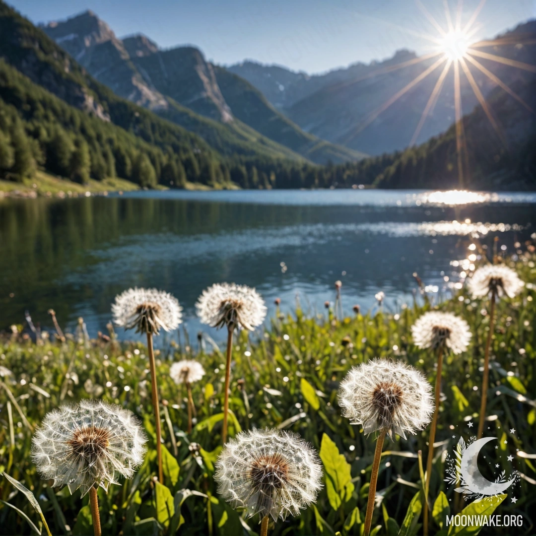 Close-up of dandelions in a peaceful field with a blurred lake in the background.