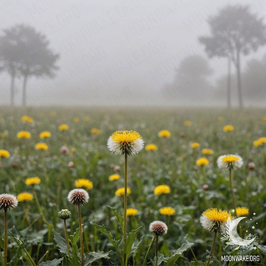 Close-up of dandelions in a misty field with flowers blurred in the background.