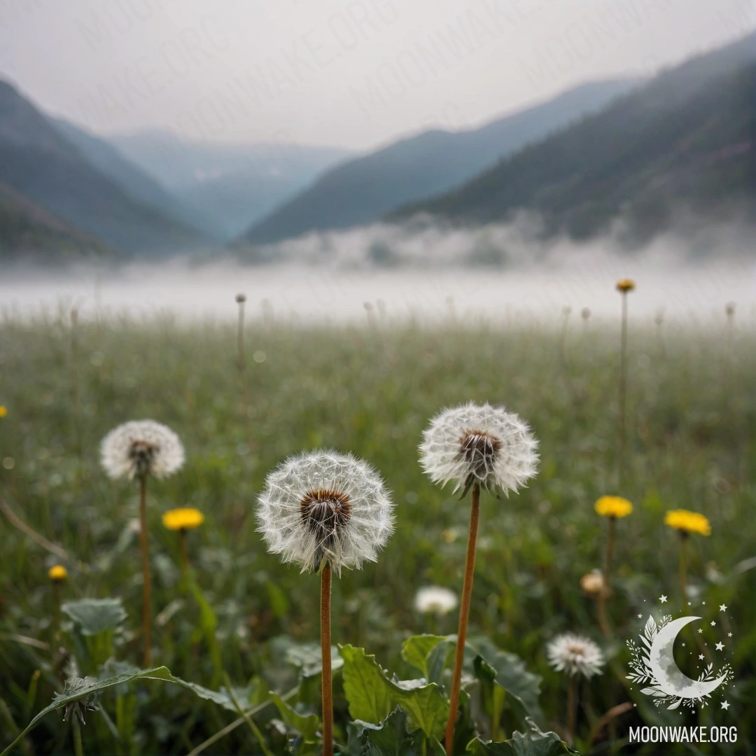 Close-up of dandelions in a peaceful field with foggy mountains in the background.