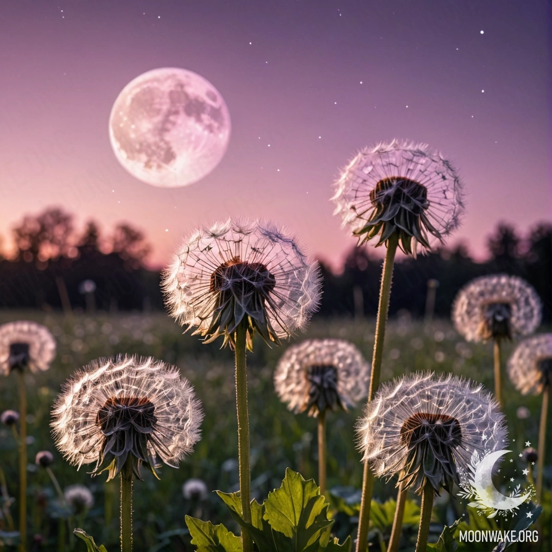 A close-up view of dandelions in a peaceful field under a pink violet sky with the moon.