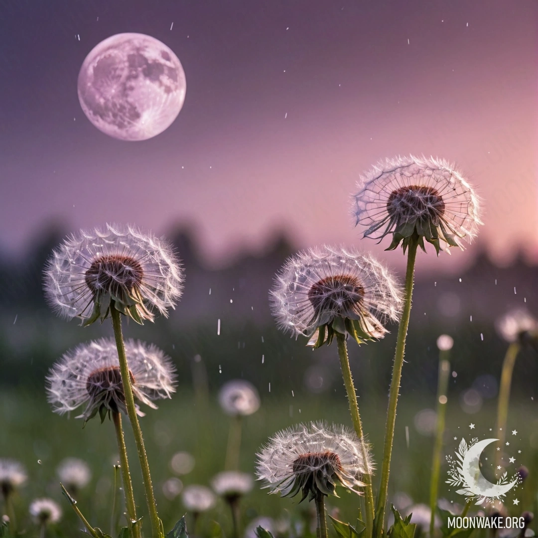 Close-up of dandelions in a serene field with a pink violet sky and moon in the background.