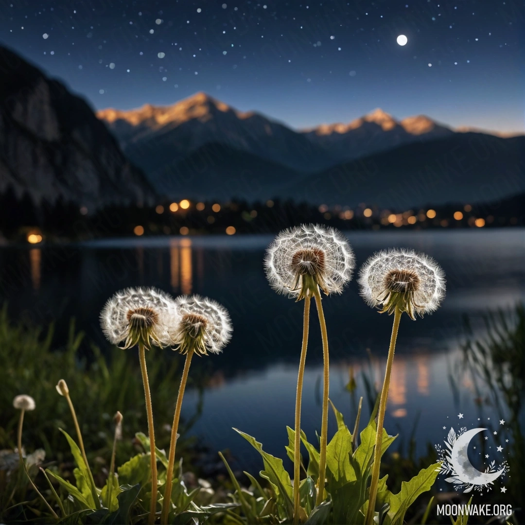 Close-up of dandelions in a peaceful field with a bokeh effect of a mountain lake at night.