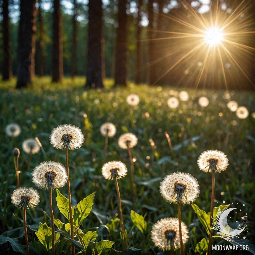 Peaceful Dandelion Field at Night Close-up of dandelions in a field with a blurred forest background, illuminated by rays of moonlight.