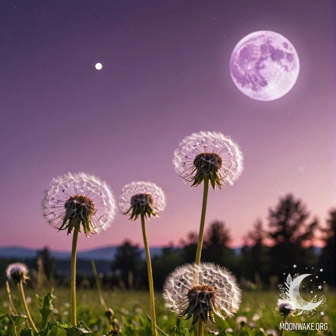 Close up of dandelions in a serene field with a pink violet sky and the moon