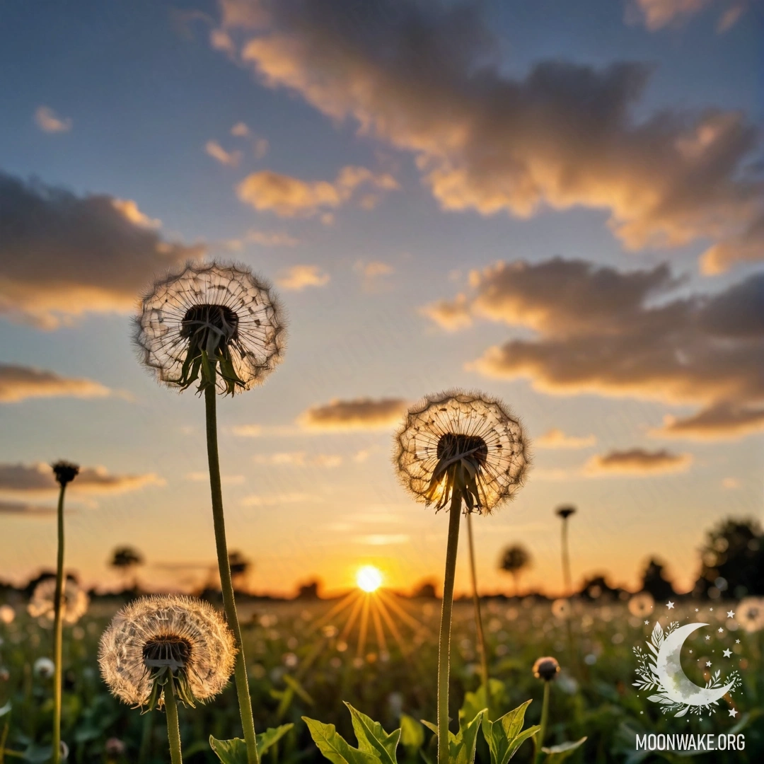 Close-up of dandelions with a blurred sky and clouds during sunset.
