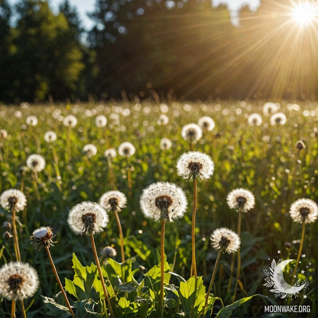 Close-up of dandelions in a peaceful field with bokeh flowers in the background and sun rays shining through.