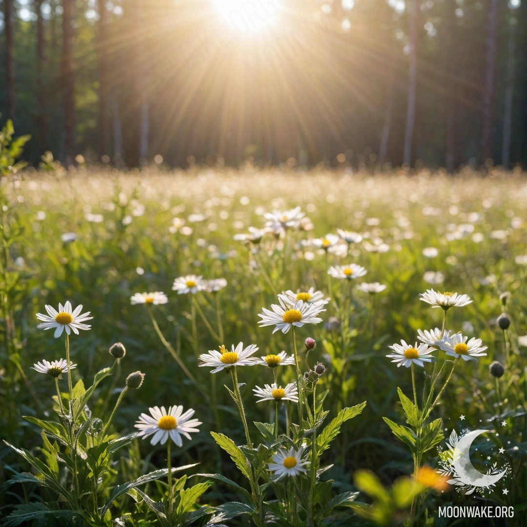 Peaceful Field of Flowers Close-up of various flowers in a peaceful field with a blurred forest background and sun rays filtering through the trees