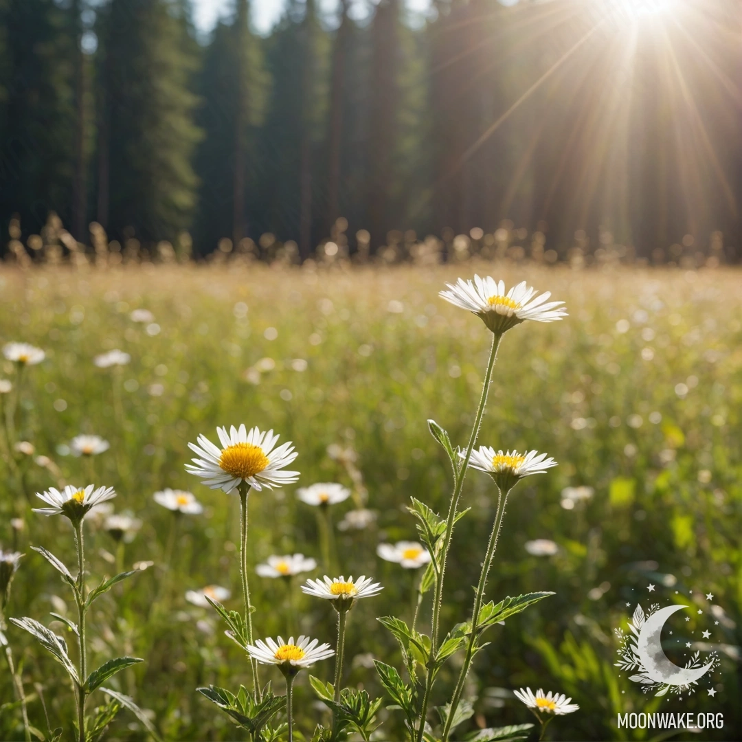 Serene Field of Flowers A close-up view of vibrant flowers in a peaceful field, with a blurred forest background on a sunny day.