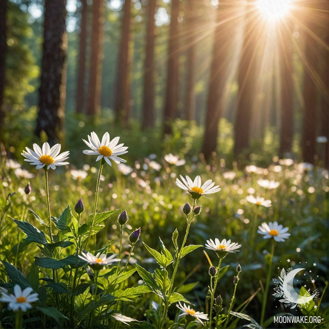 Peaceful Field of Flowers with Bokeh Forest A close-up of field flowers in a peaceful setting with bokeh effect in the background, where sunlight filters through trees.