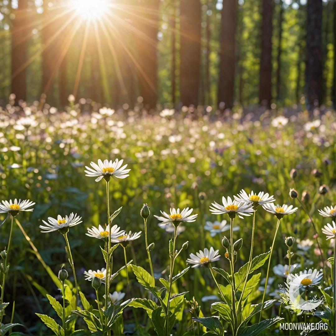 Bokeh Forest with Field Flowers Close up of field flowers against a blurred forest background with sunlight