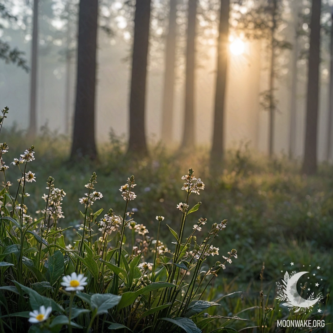 Serene Field of Flowers in Misty Forest Light Close-up of colorful flowers in a peaceful field with forest bokeh and sun rays piercing through dense mist.