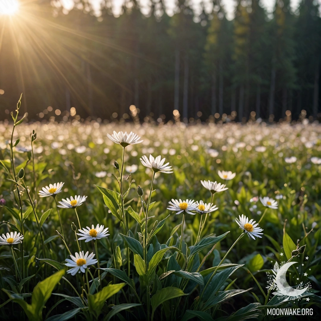 A close-up view of colorful flowers in a peaceful field with soft bokeh effects from the forest and gentle sun rays illuminating the night sky.