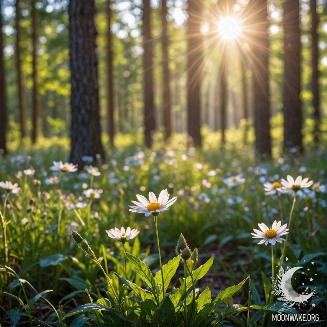 Close-up of peaceful field flowers in a forest with bokeh effect and sun rays.