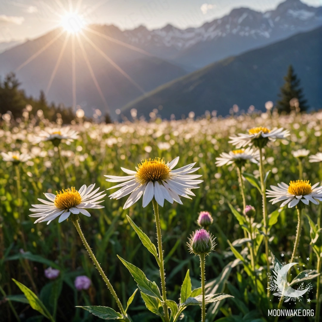 Close-up of colorful flowers in a peaceful field with blurred mountains in the background.