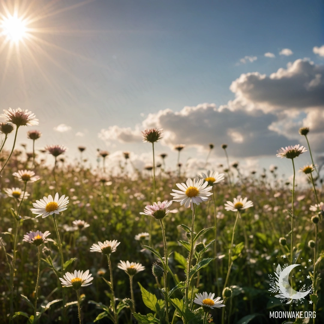Close-up of various colorful flowers in a peaceful field against a blurred background of the sky with clouds and sun rays.