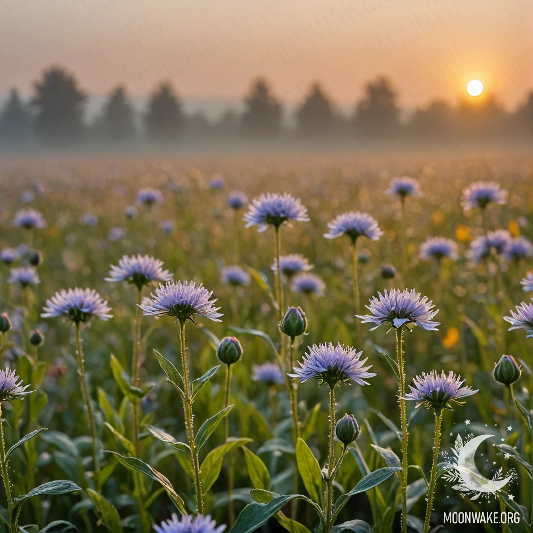 Close-up of delicate flowers in a peaceful field with a bokeh background, enveloped in fog during a sunset under the rain.