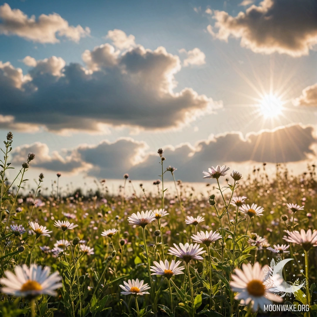 A close-up of flowers in a peaceful field against a bokeh sky with clouds and sun rays.