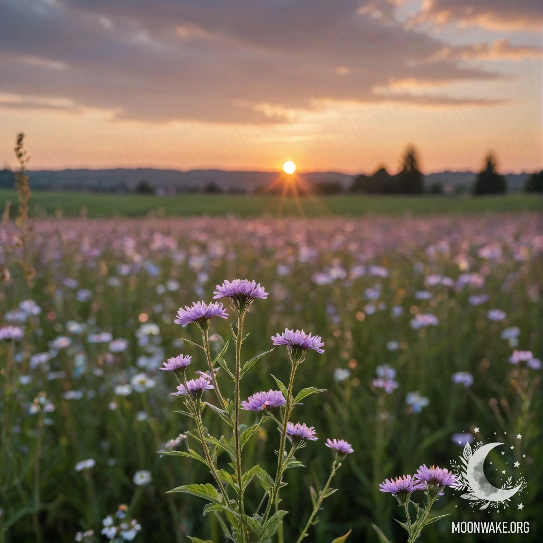 Peaceful Field of Flowers at Sunset Close-up of a tranquil field of flowers with a bokeh sky and clouds at sunset.