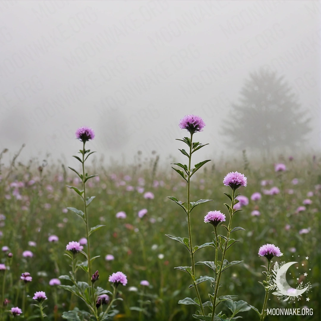 Peaceful Field of Flowers in Fog Close-up of a field of flowers with a blurred sky in the background, enveloped in dense mist.