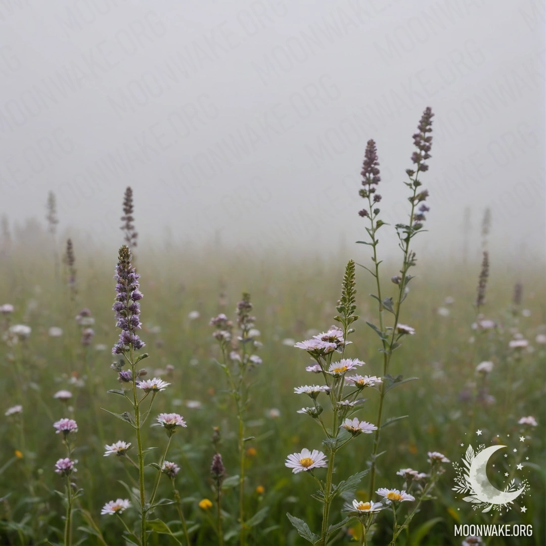 Close-up of flowers in a field with a bokeh sky in heavy fog.