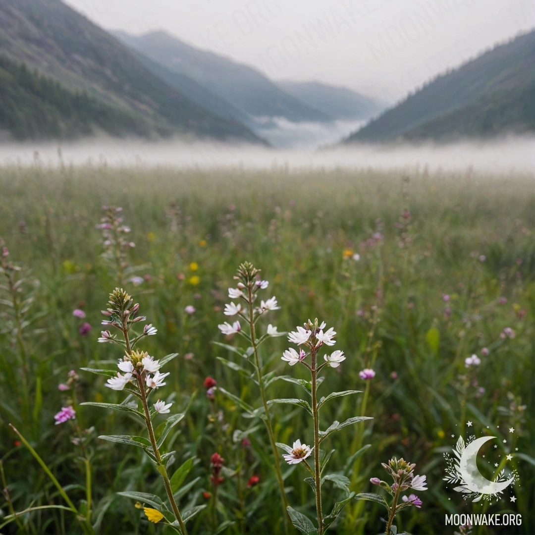 Close-up of colorful flowers in a field with misty mountains in the background