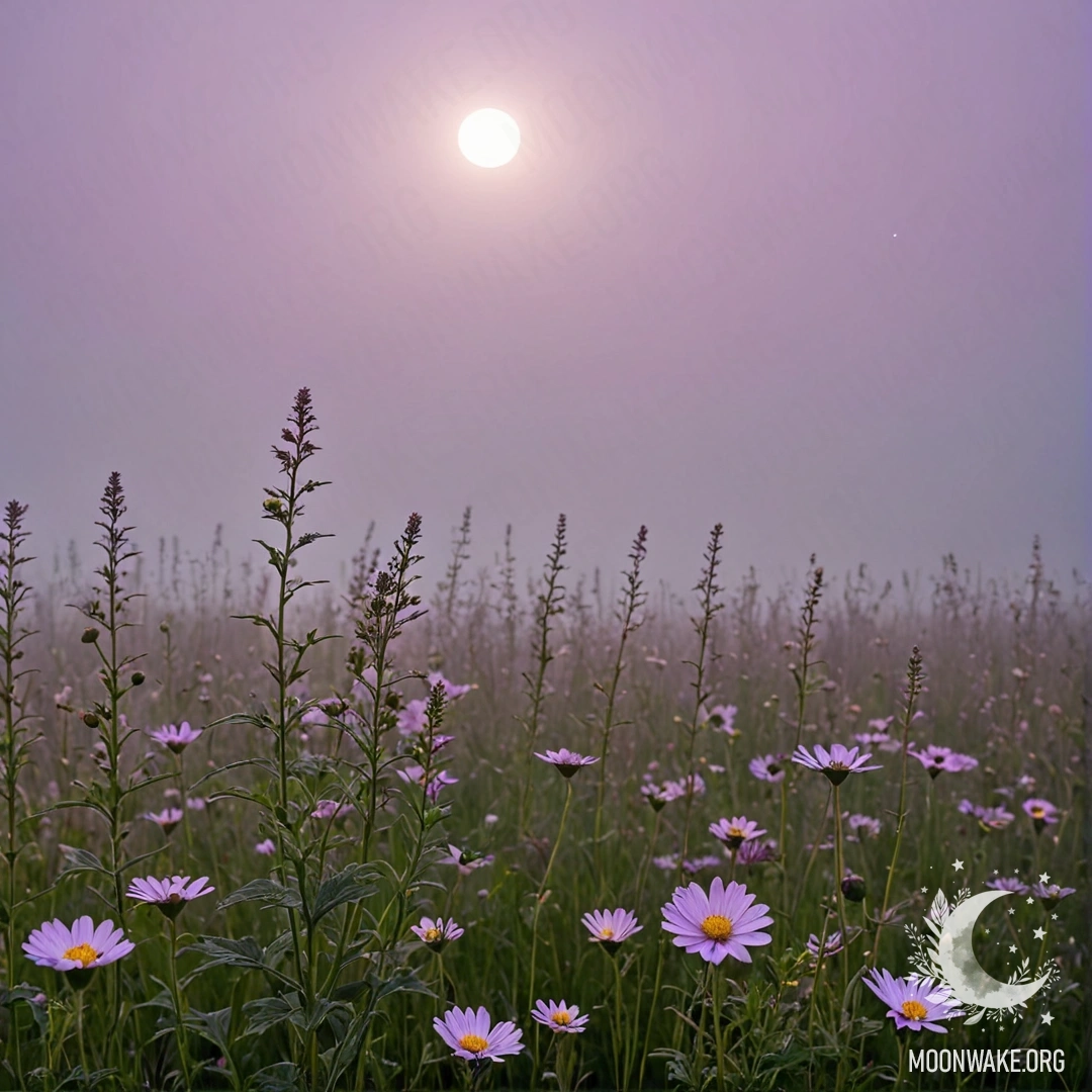 Serene Field of Flowers at Dusk A close-up of vibrant flowers in a peaceful field under a pink violet sky with the moon visible.