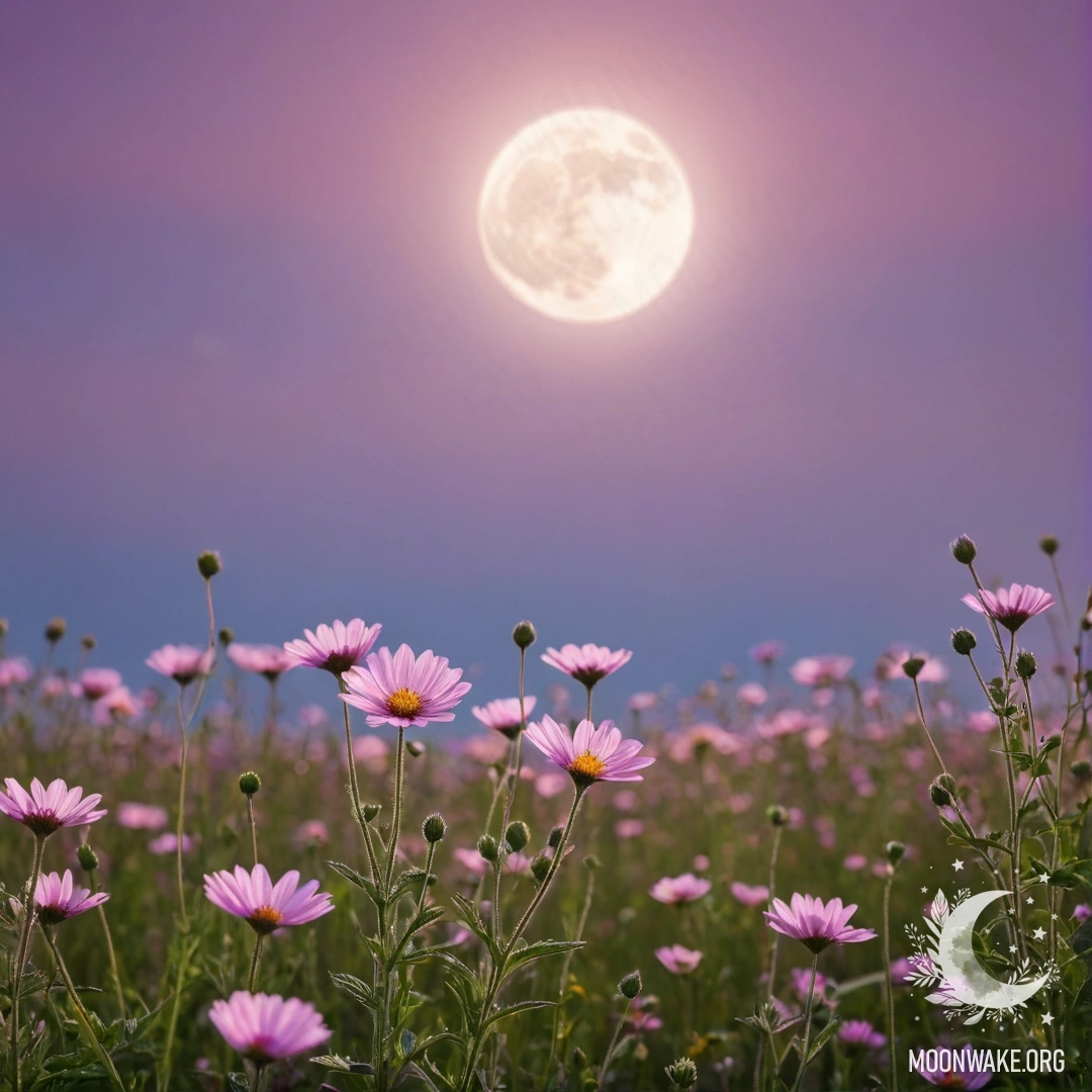 Close-up of colorful flowers in a peaceful field with a pink violet sky and a moon in the background.
