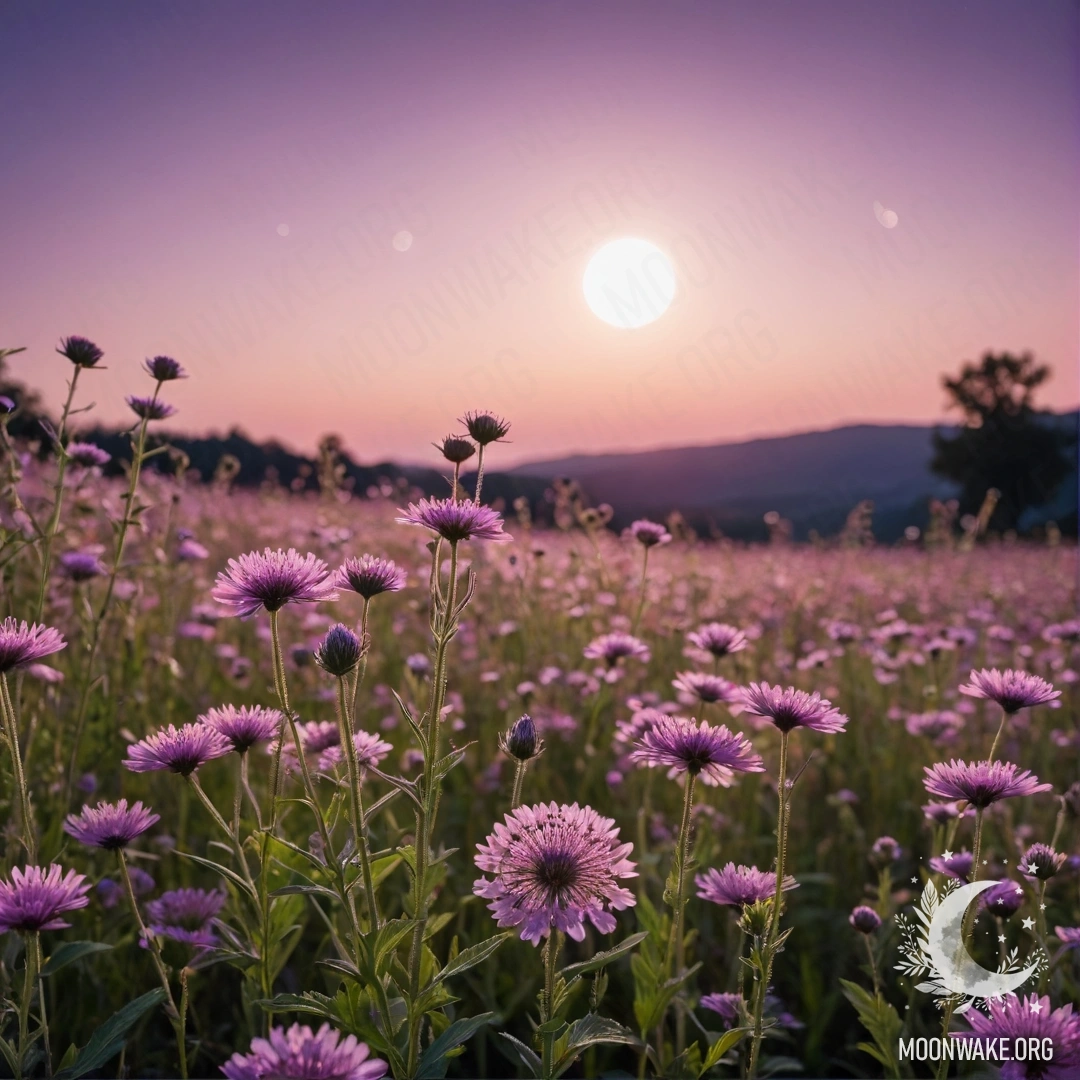 Close-up of colorful flowers in a tranquil field against a pink violet sky with the moon.