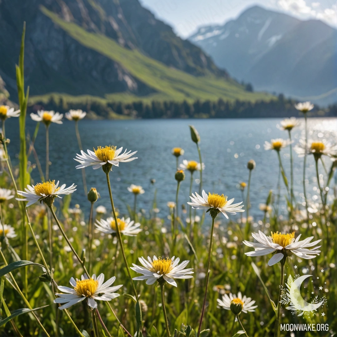 Peaceful Field of Flowers with Mountain Lake Background A close-up of vibrant flowers in a peaceful field with a blurred mountain lake in the background.